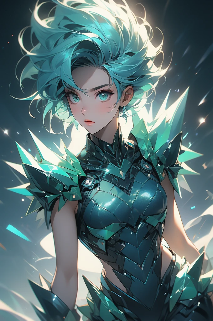 1 girl, Short, spiky hair with iridescent blue-green highlights, bright hazel eyes, athletic build, firm assets