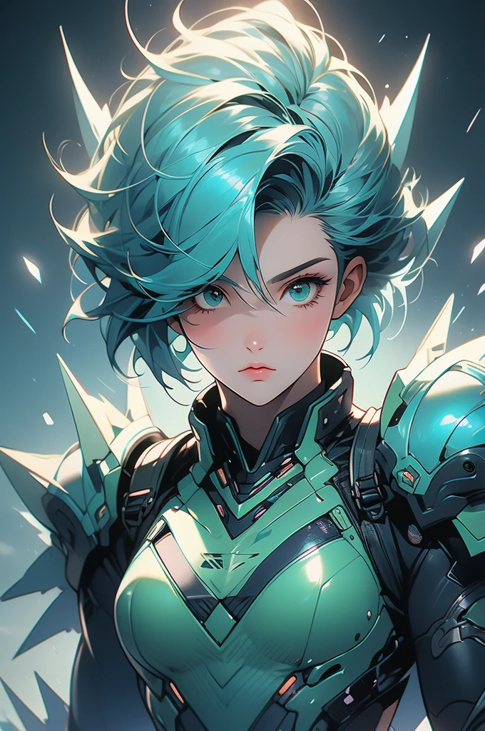 1 girl, Short, spiky hair with iridescent blue-green highlights, bright hazel eyes,  athletic build, firm assets