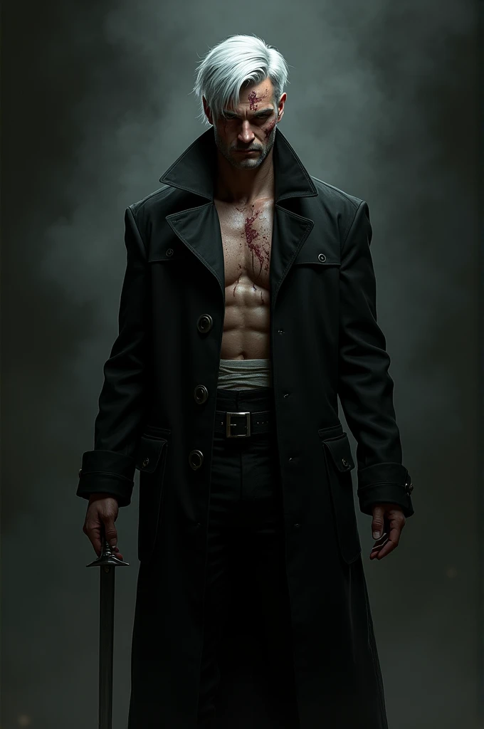 Man, handsome cool white slightly short hair、No expression、blood on face、Bandage on the body、black robe、Dagger in right hand realisme