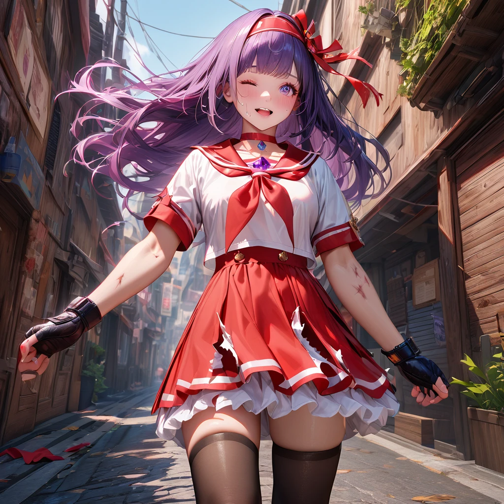 score_9, score_8_up, score_7_up, score_6_up, (best quality, masterpiece), very aesthetic, absurdres, high res, detailed face, realistic, Ray Tracing, 1girl, AthenaKOFXIV, red hairband, hair ribbon, purple hair, red choker, serafuku, pearl (gemstone), short sleeves, red skirt, fingerless gloves, medium breasts, cleavage, black thigh-highs, white panties, frilled bra, textured skin, (injury skin, scar skin, bleeding skin), (Exploding Clothes, torn clothes, cloth pieces, torn skirt:1.25), BREAK rating_questionable, knees together feet apart, (one eye Closed), tears, sigh, blush, sweat, saliva trail, wind lift, (outdoors, alley), cinematic lighting, diffraction spikes, three quarter view, Panty shot,