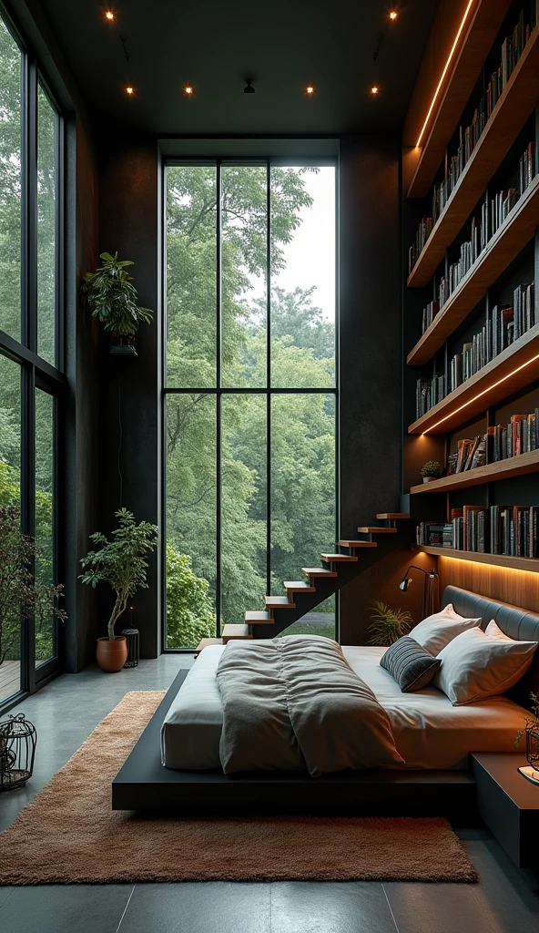 A moody, two-story bedroom with a dark, sophisticated ambiance. The lower level features a large, inviting bed positioned beside a stunning floor-to-ceiling window that offers an immersive view of the trees outside, allowing natural light to seep in and dance across the dark, textured walls. The window frames a serene, leafy landscape, creating a harmonious connection between the indoors and the lush greenery outside.The upper level, accessible by a sleek, metal staircase with wooden steps, houses a tall bookshelf that stretches from floor to ceiling, filled with an eclectic mix of books and decorative items, adding depth and intrigue to the space. The bookshelf’s dark wood complements the room’s overall palette of deep grays, forest greens, and muted browns. Small, whimsical plants with slightly twisted stems and dark leaves are placed strategically around the room on modern, minimalist stands, bringing a touch of nature indoors and hinting at a garden lover’s presence.The dark ambiance is enhanced by subtle, warm lighting from wall sconces and hidden LED strips, which cast gentle, ambient light that highlights the textures of the room without overpowering the space. The atmosphere is cozy yet mysterious, with shadows playing across the walls and floors, creating an intimate retreat that feels secluded and connected to nature all at once. No people are present, ensuring the focus remains solely on the room’s unique features and the tranquil, moody environment.