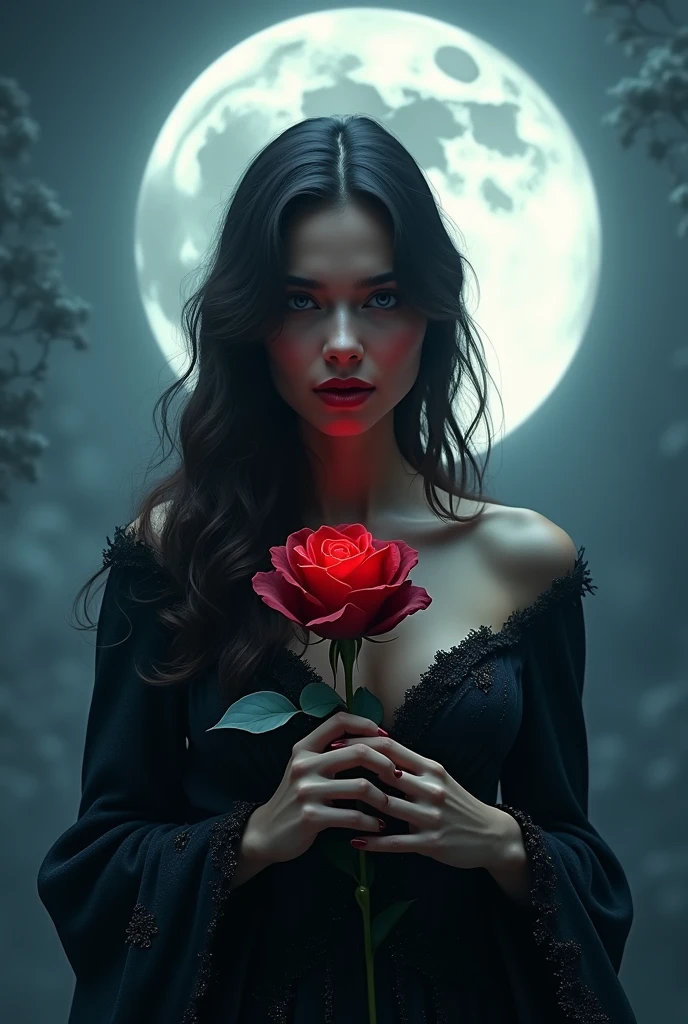 Picture a mysterious, beautiful girl standing beneath a luminous full moon. She holds a dark red rose with petals that seem to shift from vibrant crimson to deep black at the edges. The moonlight casts a soft, magical glow on her, highlighting her enigmatic expression and adding a touch of elegance to the scene. Her attire, a blend of dark and shimmering fabrics, complements the rose and the moon’s ethereal light. The background is a blend of twilight blues and gentle silver, creating an air of intrigue and allure.