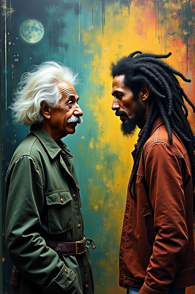 Albert Einstein teaching physics to Bob Marley 
