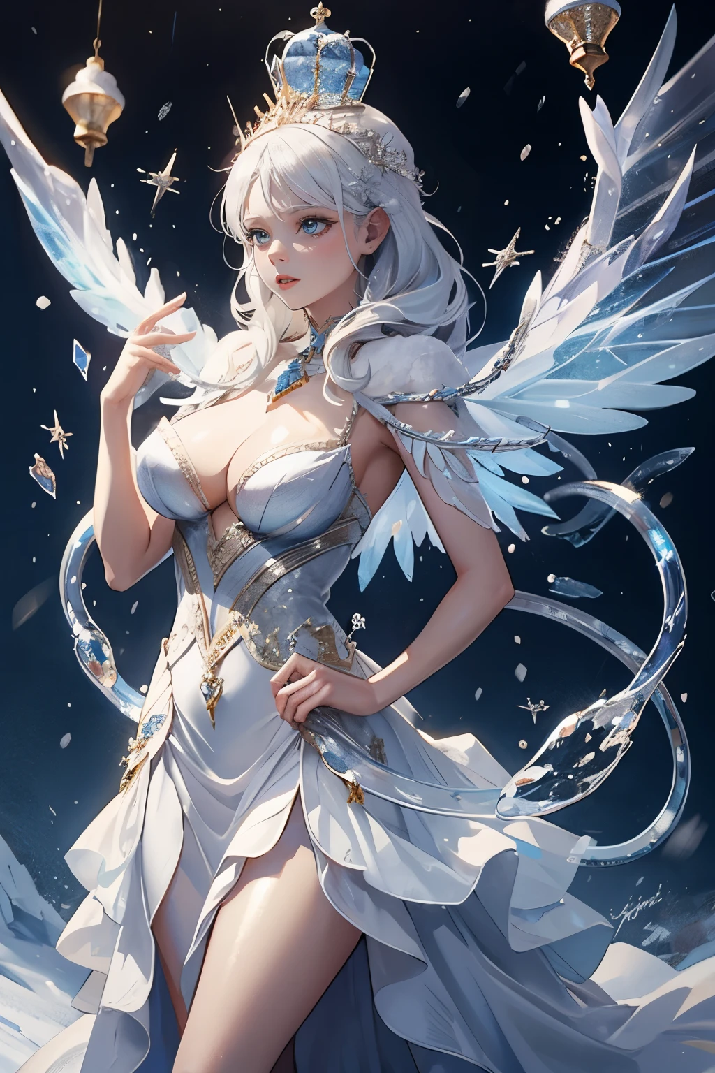 The Snow Queen, she wearing Long silver glittering dress , big breasts，The Ice crown On her head,Background is Ice snakes and Ice butterflies flying