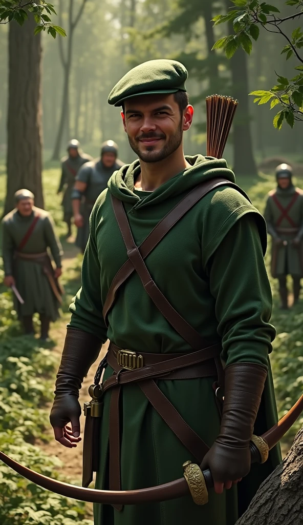 Low angle shot, (From a high vantage point in the tree, Robin Hood looks down with a smirk as the Sheriff’s soldiers, unaware of his presence, search the forest floor. The soldiers, clad in armor, are scattered among the trees, their faces frustrated and confused. The view from above shows the soldiers as small figures amidst the vast, dense forest, highlighting Robin’s strategic advantage. The background is a mix of treetops and the forest floor, with sunlight filtering through the leaves, casting long shadows.) unreal engine, 35mm lens, cinematic, highly detailed, hyper-realistic, ultra-realistic HD --q 2 --v 6.1 --ar 9:16