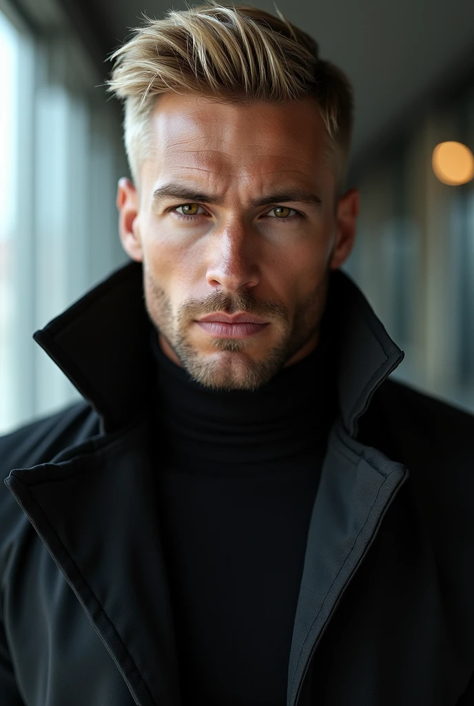 fot, masculine perfection, strong chin, fleshy lips, roman nose, short blonde hair, hazel eyes, hyperrealisti, 8k-v4 . Modern fashion haute couture futuristic fashion. Modern black clothing