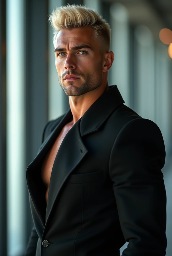 fot, masculine perfection, strong chin, fleshy lips, roman nose, short blonde hair, hazel eyes, hyperrealisti, 8k-v4 . Modern fashion haute couture futuristic fashion. Modern black clothing