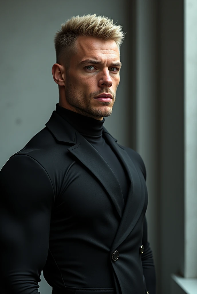 fot, masculine perfection, strong chin, fleshy lips, roman nose, short blonde hair, hazel eyes, hyperrealisti, 8k-v4 . Modern fashion haute couture futuristic fashion. Modern black clothing