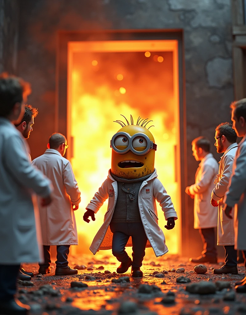 Other scientists stood watching. .Minion scientist Kevin in scientist suit. came out of the lab explosion fire covered in dust with burn marks.the scene coming out of the fire people are looking at