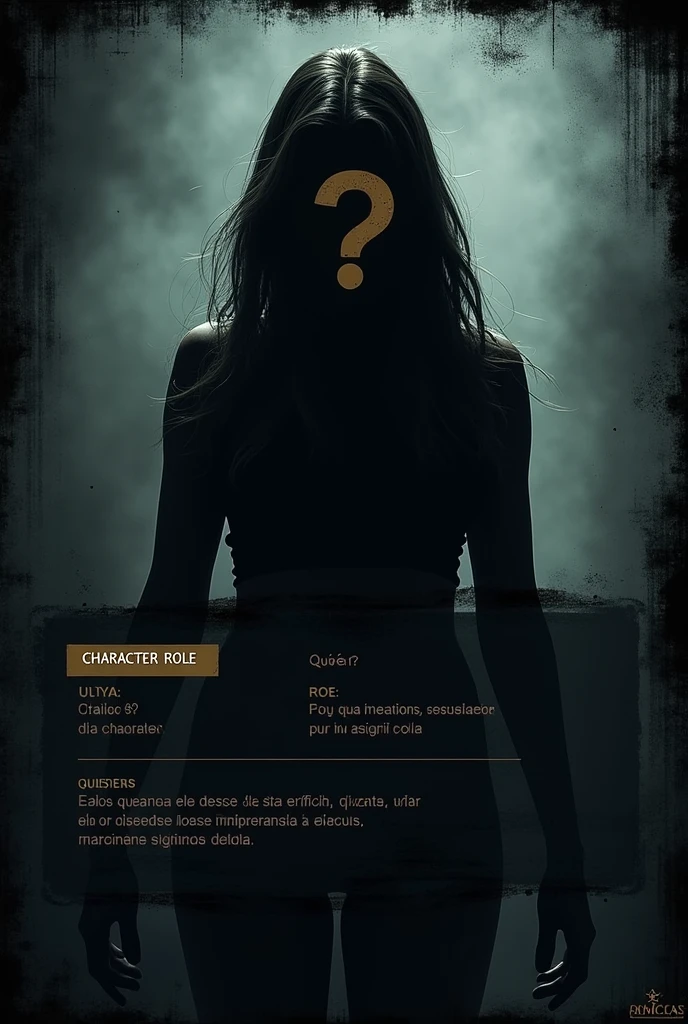 
I want you to create a template like dark to create the characters with those roles. Type you put in the character sheet template. card. And you put a little box with the shadow of someone&#39;s head and a question mark in it. That is, as a protected identity. And then you put down “Character Role”. And on the other side of the card you put &quot;Who is it??”. in Spanish. And you leave room for me to fill in the gaps. Make a girl. The head must be of a girl.