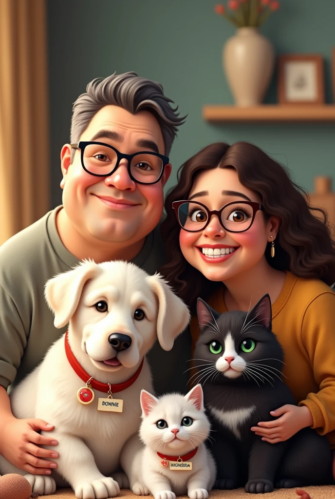 Create a family image where a couple comes, the fat man with light brown skin, Without beard. with square lenses, slanted eyes combed to one side, along with her female partner a little chubby with long brown curly hair with medium skin tone with round glasses Along with a large white Labrador dog with a small tag with the name Bonnie also a large black fat cat with a white spot on the middle of her face down to her belly with a tag with the name Micharda and another small white kitten with a tag with the name Kitty