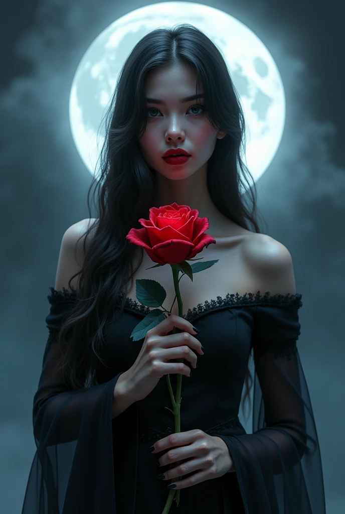 Picture a mysterious, beautiful girl standing beneath a luminous full moon. She holds a dark red rose with petals that seem to shift from vibrant crimson to deep black at the edges. The moonlight casts a soft, magical glow on her, highlighting her enigmatic expression and adding a touch of elegance to the scene. Her attire, a blend of dark and shimmering fabrics, complements the rose and the moon’s ethereal light. The background is a blend of twilight blues and gentle silver, creating an air of intrigue and allure.
