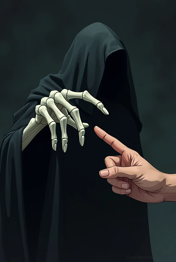 2D animated version of a grim reaper&#39;s hand with the finger pointing at a human&#39;s finger