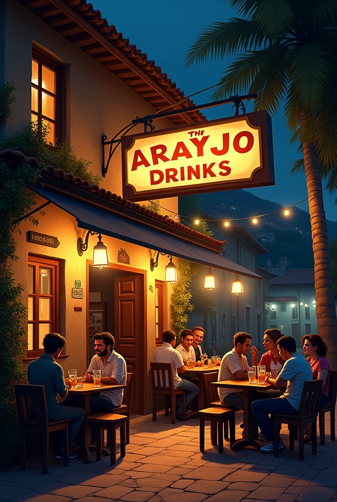 a pub , with a sign on top that says : ARAÚJO DRINKS , there are some tables in front with some people drinking , Anoite .