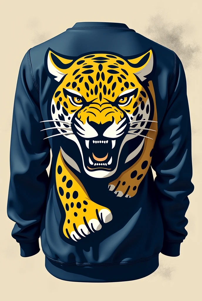 "Hello, I need your help to create a print for an 'Atlética Predadora' t-shirt, a university athletic team with a jaguar mascot. The slogan must reflect power, mastery and excellence. Por favor, generate some impactful slogans that incorporate these elements and the concept of predator." Use colors like dark blue, offwhite, gold for the visual elements, the jaguar must maintain its original characteristics which is yellow with black tips, I want something minimalist, but that it is impactful. PUT THE IMAGE YOU CREATE ON THE BACK OF A SWEATSHIRT SO I CAN SEE HOW IT WOULD LOOK