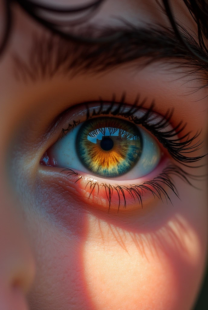 An eye with strong colors of smooth brown skin, young skin, very well defined eyelashes, well filled eyebrows for artistic album cover eye of a teenager