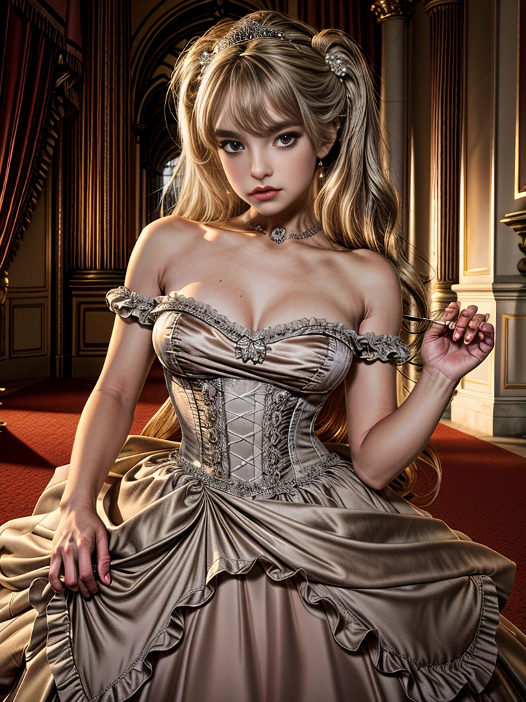 Dramatic composition, court-style dresses, royal, gorgeous, cascading frills, ruffles, bows, crystal chandeliers, Roman curly hairstyles, ponet, double ponytails like drills, look at the camera, bangs, maximalism, palatial background, delicate portrayal of hair and eyes, princess dresses, gorgeous skirts, flowers in hand, smiles, starry eyes, cinematic light, extreme detail, high definition, happy girl, very long hair, diamonds, broken diamonds, crystal fragments, light particles, liz.ashley
