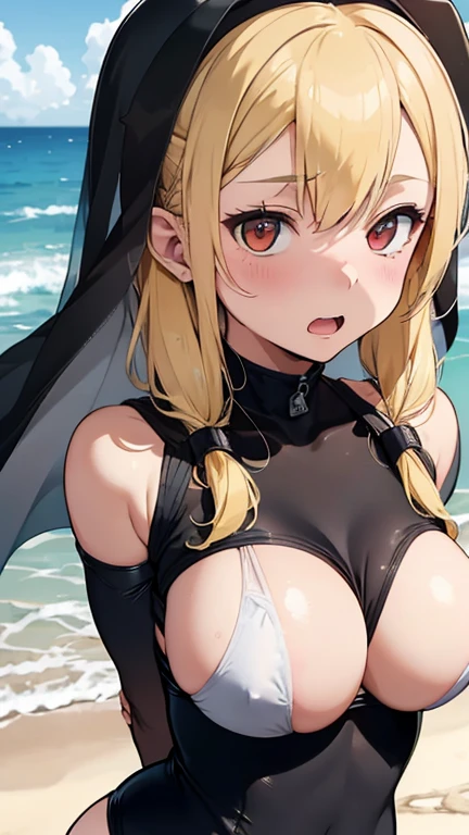 mastute piece,Best Quality,insanely detailed,8k cg,nsfw,
(shoot upper body:1.3),
(1girls:1.3),standing,looking at viewr,body in front,((both arms behind back:1.4)),(nun costume:1.4,veil:1.2,school swimsuit:1.2),(bare breasts),break,
blush,shy,(ecstasy face),(trembling:1.2),break,(light yellow hair:1.2),
break,
perfect breasts,perfect teats,(open mouth:0.9),(large breasts:1.3),
(beach:1.1),