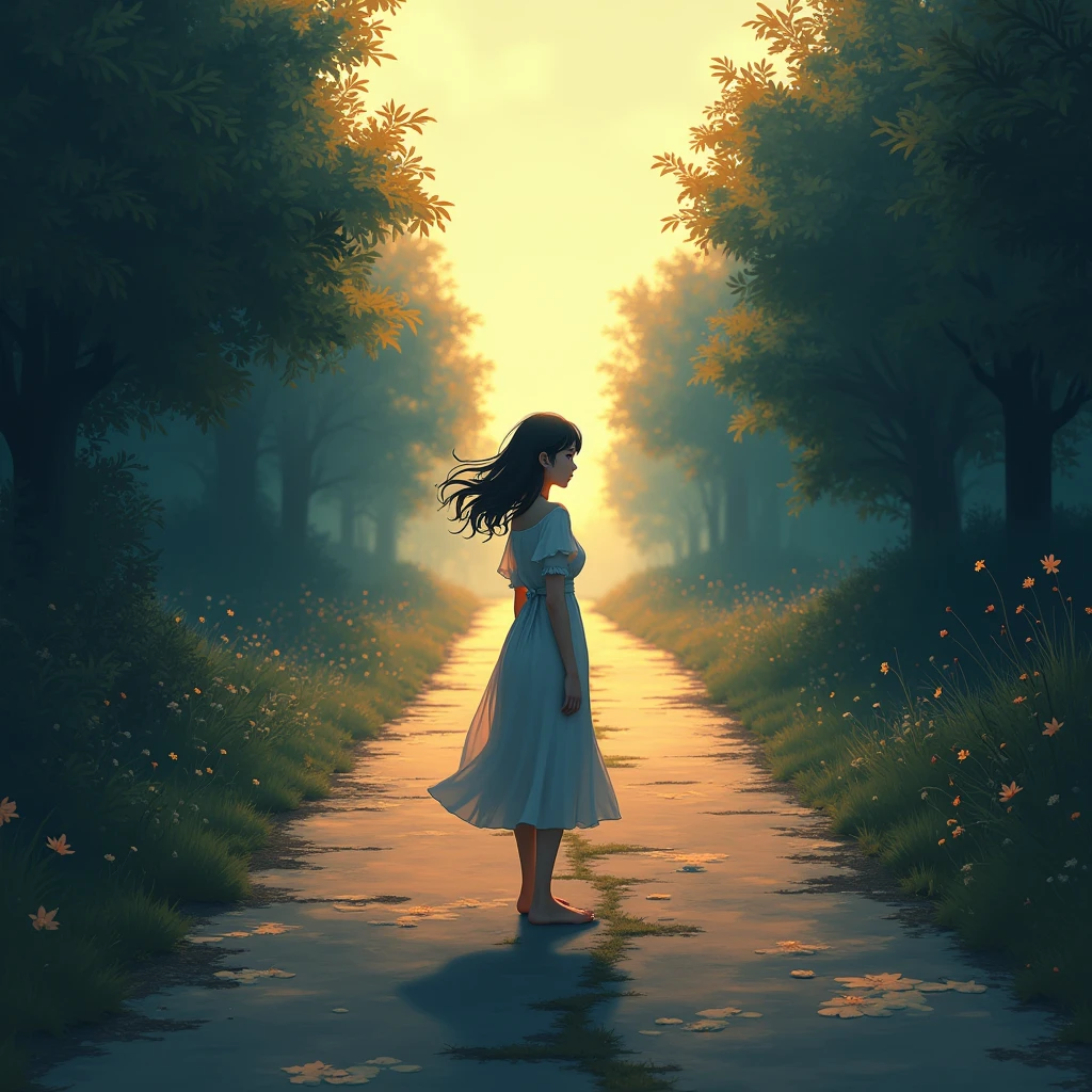woman、solo, High resolution, Gaze, Crossroads of Fate、YStand at a crossroads、The bright road to the right、The dark road to the left、High resolution, masterpiece, detail, 高いdetail, Highest quality, High-resolution model, Very detailed, Illustration, 8k octane, Anime Style, Soft Light, Waijiro、A fork in the road