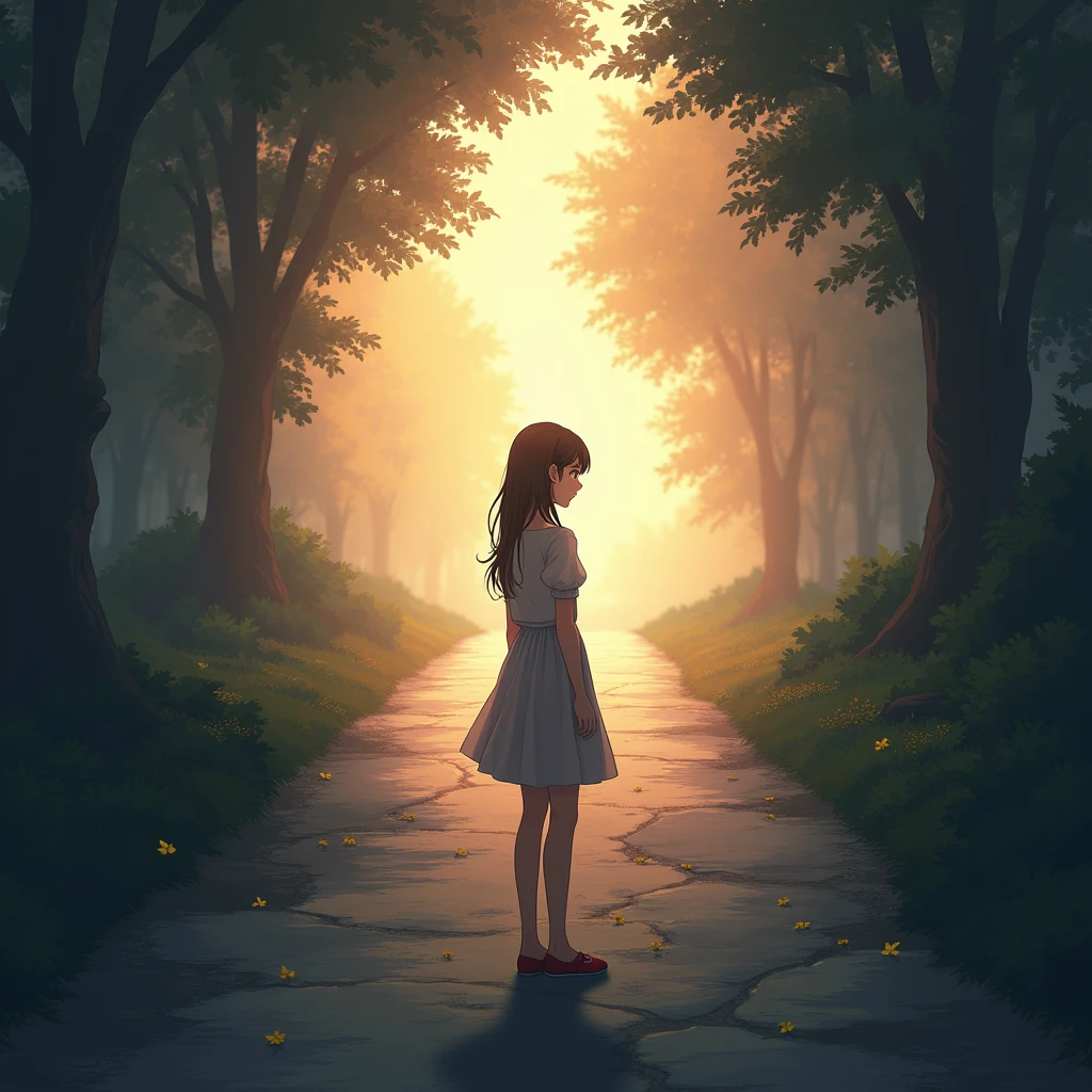 woman、solo, High resolution, Gaze, Crossroads of Fate、YStand at a crossroads、The bright road to the right、The dark road to the left、High resolution, masterpiece, detail, 高いdetail, Highest quality, High-resolution model, Very detailed, Illustration, 8k octane, Anime Style, Soft Light, Waijiro、A fork in the road