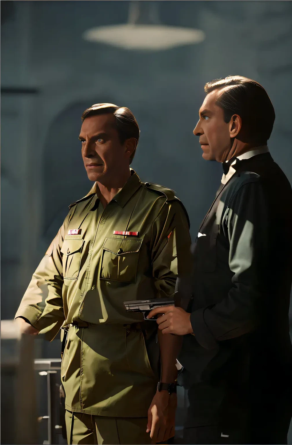 Two men wearing masks are talking, Vray と Arnold, A still from the TV series, Barclay Show 8K Photorealistic, photoRealistic movie stills, James Bond movie still, Movie promotional images, Movie stills, Full color still images, Medium shot of two characters, Realistic movie stills, Hopper and Girard, movie scene close up