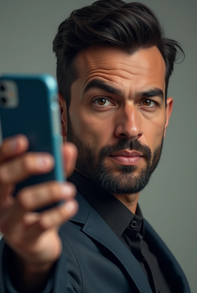 generate a man face with his both hands i air holding a phone