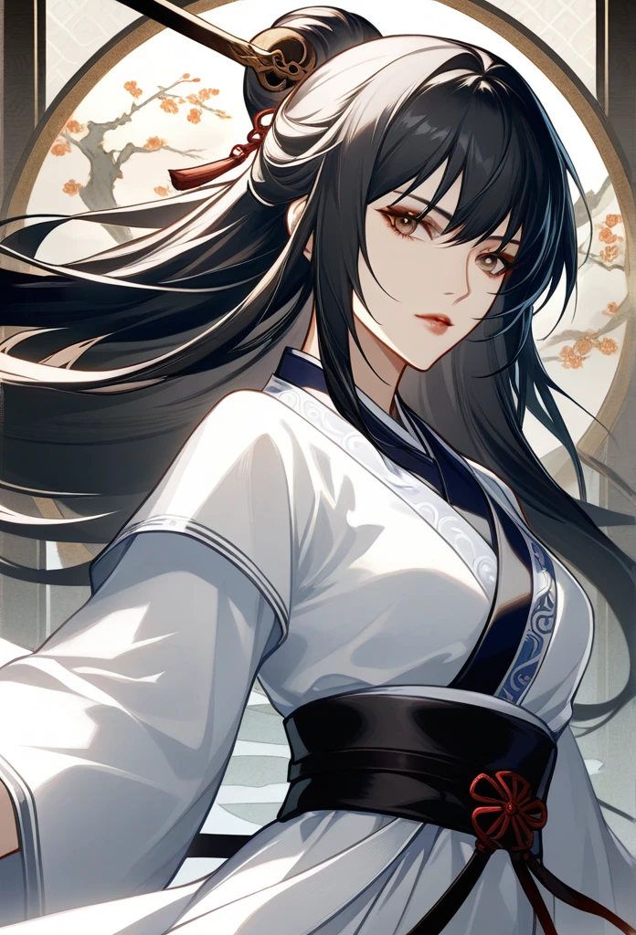 Wearing a white dress、Close-up of woman holding sword, Portrait of Yang Jian, Popular on CGsociety, Fantasy Art, Beautiful character painting, artwork in the style of Gu Weiss, Gu Weiss, White Hanfu, flowing white robe, Full body martial arts, Epic and beautiful character art, Stunning character art, beautiful female assassin  