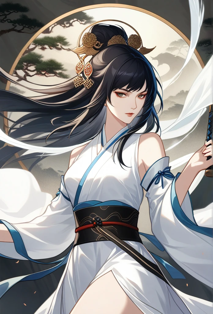 Wearing a white dress、Close-up of woman holding sword, Portrait of Yang Jian, Popular on CGsociety, Fantasy Art, Beautiful character painting, artwork in the style of Gu Weiss, Gu Weiss, White Hanfu, flowing white robe, Full body martial arts, Epic and beautiful character art, Stunning character art, beautiful female assassin