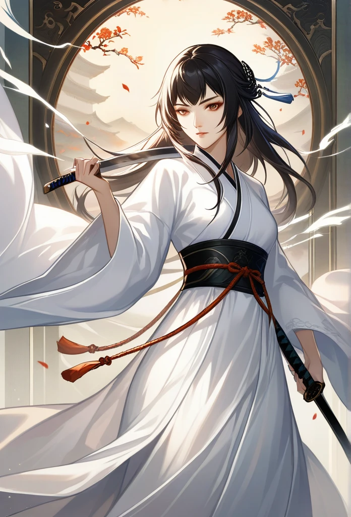 Wearing a white dress、Close-up of woman holding sword, Portrait of Yang Jian, Popular on CGsociety, Fantasy Art, Beautiful character painting, artwork in the style of Gu Weiss, Gu Weiss, White Hanfu, flowing white robe, Full body martial arts, Epic and beautiful character art, Stunning character art, beautiful female assassin