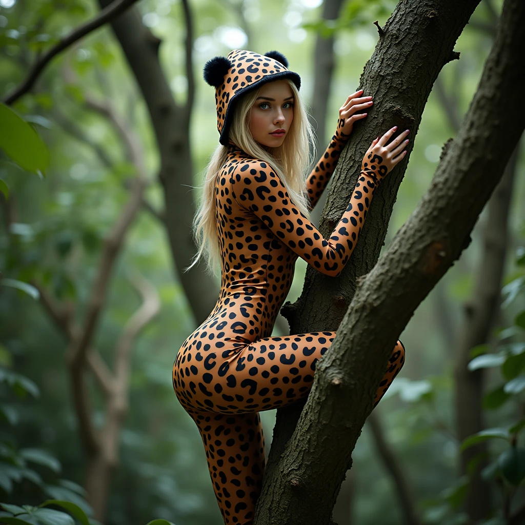 slender thin and handsome jumgle teenager beatifull woman 30 anos  hair blond eyes blue  with beautiful cheeks wears  panda print lycra turtleneck unitard catsuit covered with black seamless spots and always wear leopard colour print lycra elastane stretchy dance wear hood covered with leopard seamless spots.He climbs a tree in the forest.