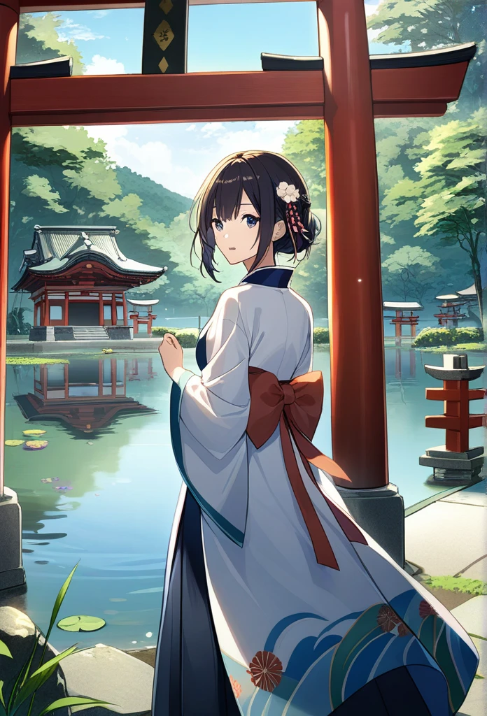 1 Girl, Looking at the audience, water, pond, lake, shrine, Require