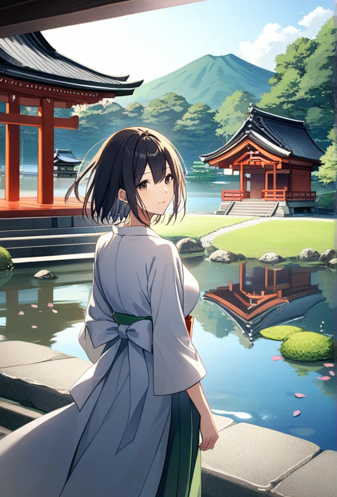 1 Girl, Looking at the audience, water, pond, lake, shrine, Require