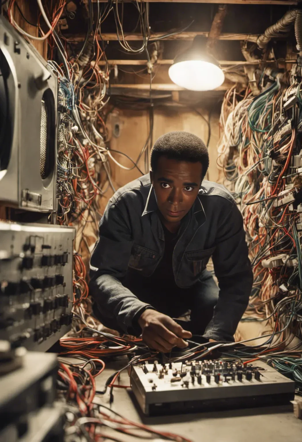 Arab man working at a computer in a room, Donald Glover as miles morales, Donald Glover, 8K Cinema Stills, Underground Box Office, Promotional Steel, Childish Gambino, Promotional Steel, Promotional Images, Computer portrait & circuit, so many wires, Photo Stills, Cables are everywhere, In the basement studio, Promotional Images, Mixed Art