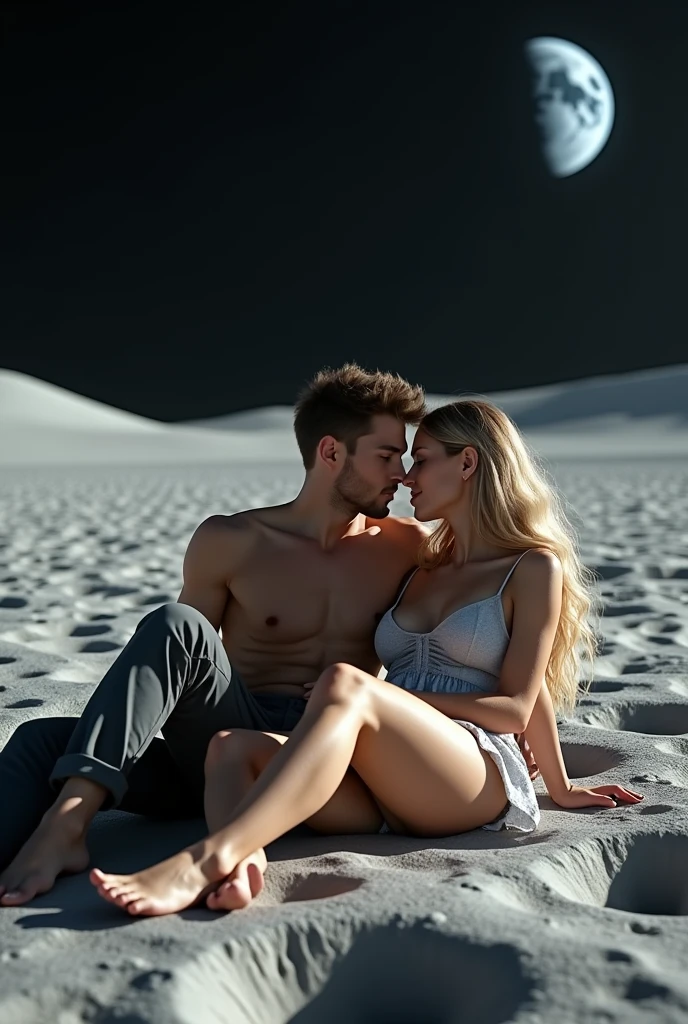 (photorealism:1.2), a handsome guy, setting on the moon,with her beautiful girl friend