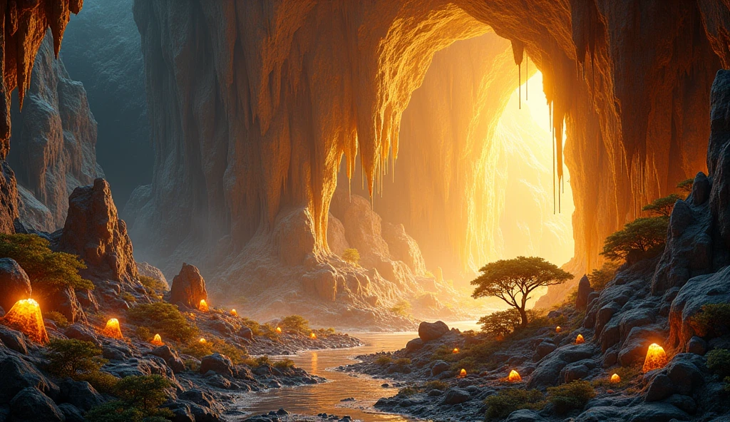 a field of golden ore and various crystal minerals underground, detailed landscape, ultra-detailed, (best quality,4k,8k,highres,masterpiece:1.2),ultra-detailed,(realistic,photorealistic,photo-realistic:1.37),HDR,UHD,studio lighting,ultra-fine art,sharp focus,physically-based rendering,extreme detail description,professional,vivid colors,bokeh,cinematic lighting,dramatic lighting,volumetric lighting,dramatic shadows,glowing minerals,intricate geological formations,natural environment,lush foliage,epic scale