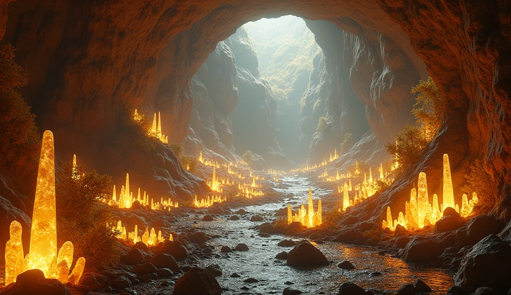 a field of golden ore and various crystal minerals underground, detailed landscape, ultra-detailed, (best quality,4k,8k,highres,masterpiece:1.2),ultra-detailed,(realistic,photorealistic,photo-realistic:1.37),HDR,UHD,studio lighting,ultra-fine art,sharp focus,physically-based rendering,extreme detail description,professional,vivid colors,bokeh,cinematic lighting,dramatic lighting,volumetric lighting,dramatic shadows,glowing minerals,intricate geological formations,natural environment,lush foliage,epic scale