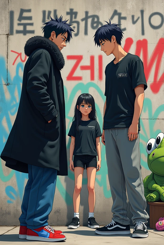 1 Japanese man,Age 23,black hairน้ำเงิน,Black short fur coat ,long blue pants,Red and blue sneakers,1 Japanese man,Age 18,black hair,Black short sleeve shirt. Long school pants,Black sneakers,1 Japanese woman,Age 16,long black hair,Black long sleeve shirt,black short skirt,Black sneakers,behind,กำแพงเขียนว่า Kamen Rider Gotchard Vs Kamen Rider Gavv,Next to it, there is a grasshopper doll and some candy.