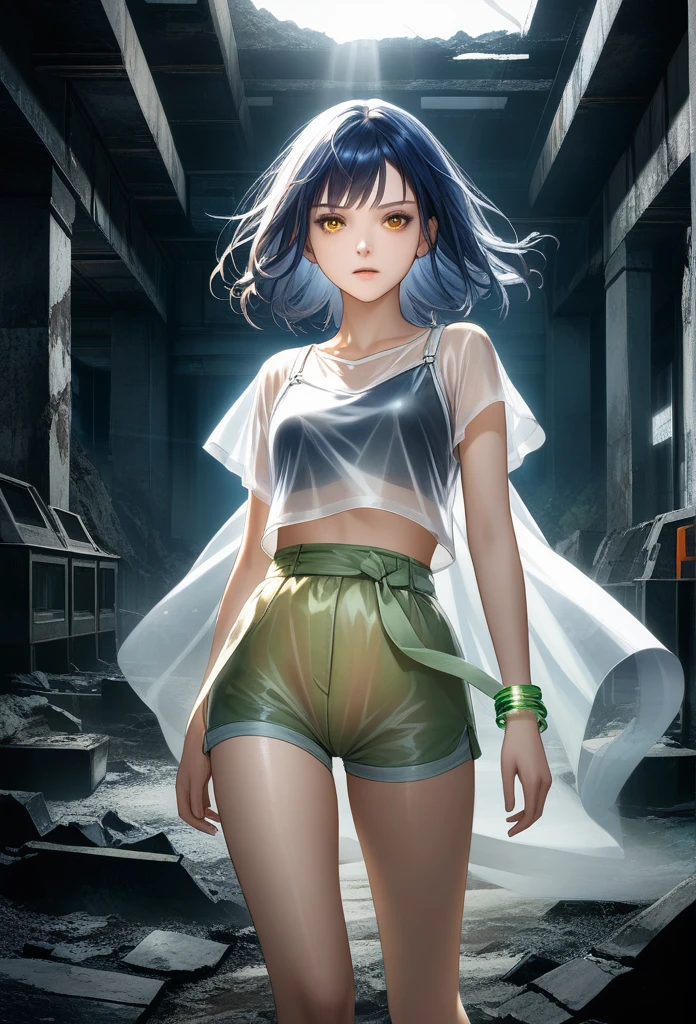 Bright lens: 1.3), epic realistic, Yellow eyes, Girl attacker, (A girl), Light gray opaque short-sleeved top, Transparent fabric at the waist, wavy hair 1.4, (Dark blue hair), short hair, Deep blue and orange color scheme, (Light green shorts), Aesthetics of wasteland and canyons!!! n Ruins, Soft movie lighting, Adobe Lightroom, darkroom, HDR, complex, Green bracelet on the arm, straps from red thrings over Transparent fabric at the waist, Thong under shorts