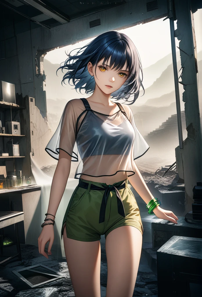 Bright lens: 1.3), epic realistic, Yellow eyes, Girl attacker, (A girl), Light gray opaque short-sleeved top, Transparent fabric at the waist, wavy hair 1.4, (Dark blue hair), short hair, Deep blue and orange color scheme, (Light green shorts), Aesthetics of wasteland and canyons!!! n Ruins, Soft movie lighting, Adobe Lightroom, darkroom, HDR, complex, Green bracelet on the arm, straps from red thrings over Transparent fabric at the waist, Thong under shorts