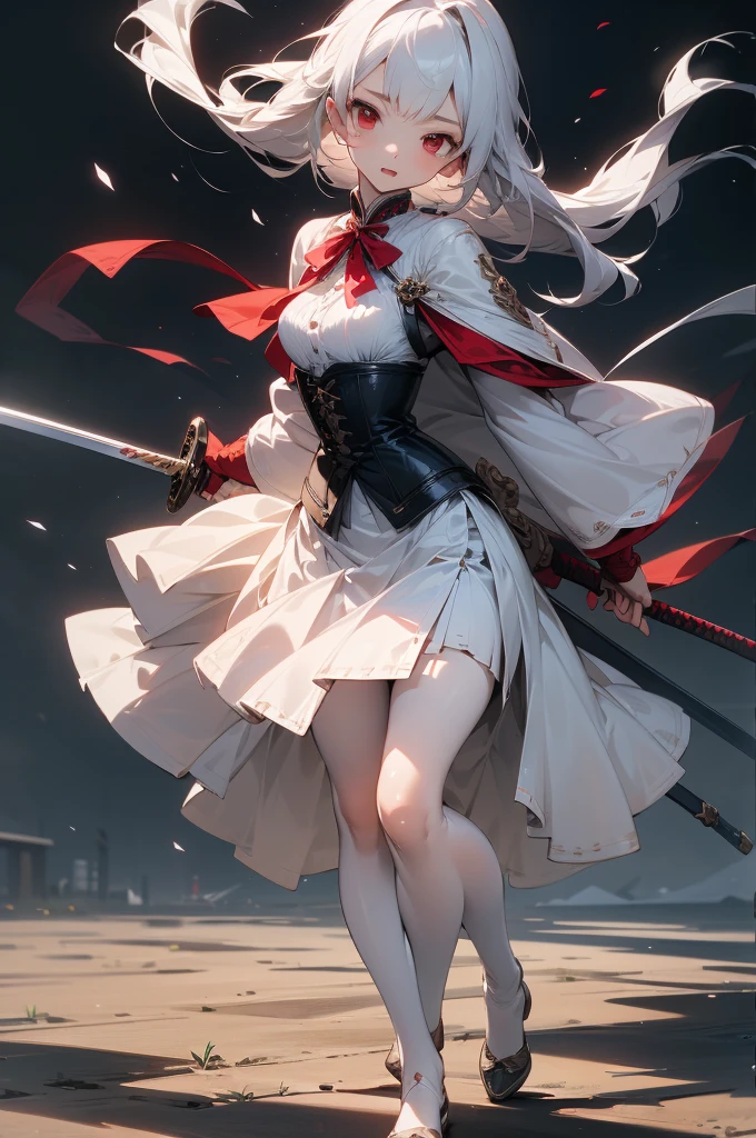 Girl, so beautiful,beauty, Red Eyes, Western clothing, White clothes, Red Cape, Holding a sword, Silver Hair,Long Hair, whole body, shoes, Simple Background、View from the front、 so beautiful, One person, cute, Long sword、mini skirt、Two Legs,Facing forward,Are standing,Well-formed face、corset、Decorative clothing、Highly detailed face、Perfect lighting、Extremely detailed CG、(Perfect hands、Perfect Anatomy)、Dynamic pose、