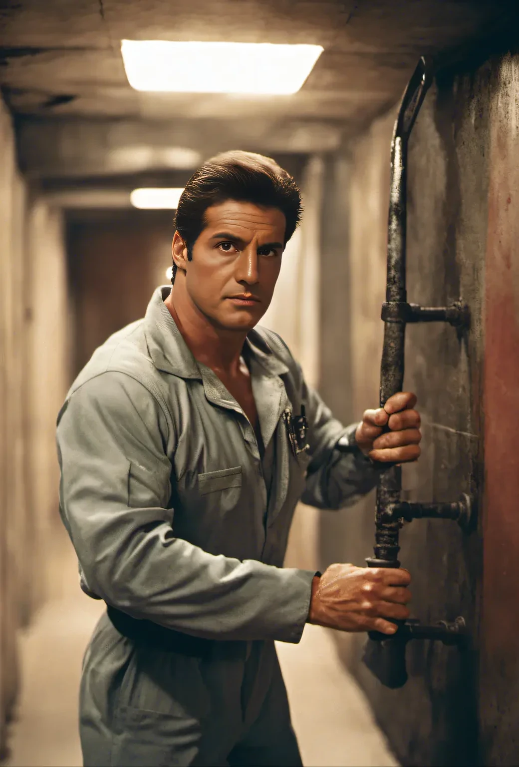 Man holding a large metal ladder inside a prison, Adriano Celentano(terminator), movie「Hard Target」 (1993), evil dead ash williams, rambo, actor, Still from the movie, Promotional Steel, Promotional Images, snake, anthony mcbain, Armitage, Sylvester Stallone, Stock Photo, A tense look