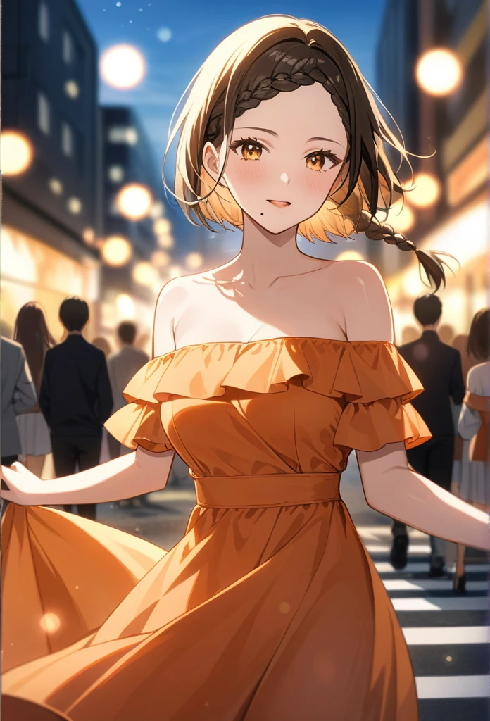 a woman posing on the street corner with orange dress on, best quality, 1 Girl, Large Breasts, sky, bright, Blurred Background, Bokeh, outdoor, (street:0.8), (people, crowd:0.8), (Off-shoulder dress:1.2), Gorgeous, (Braided Bangs:1.2), 美丽细致的sky空, (Dynamic poses:1.2), Soft lighting, wind, Glowing skin, (Upper Body:0.8), (freckle:0.8), Mole under mouth,