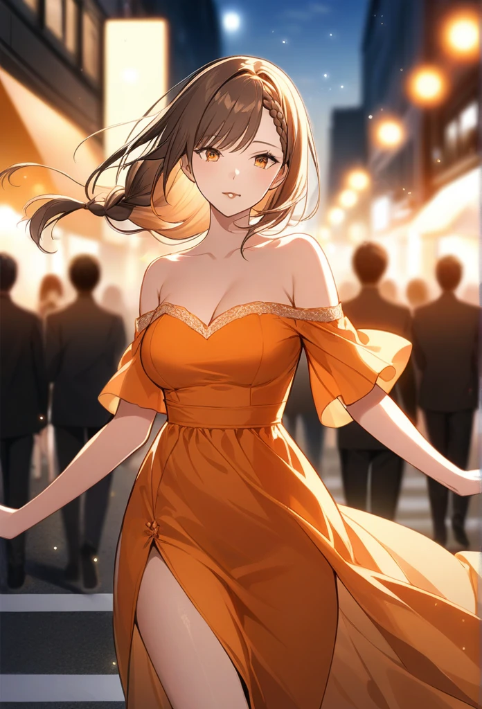 a woman posing on the street corner with orange dress on, best quality, 1 Girl, Large Breasts, sky, bright, Blurred Background, Bokeh, outdoor, (street:0.8), (people, crowd:0.8), (Off-shoulder dress:1.2), Gorgeous, (Braided Bangs:1.2), 美丽细致的sky空, (Dynamic poses:1.2), Soft lighting, wind, Glowing skin, (Upper Body:0.8), (freckle:0.8), Mole under mouth,