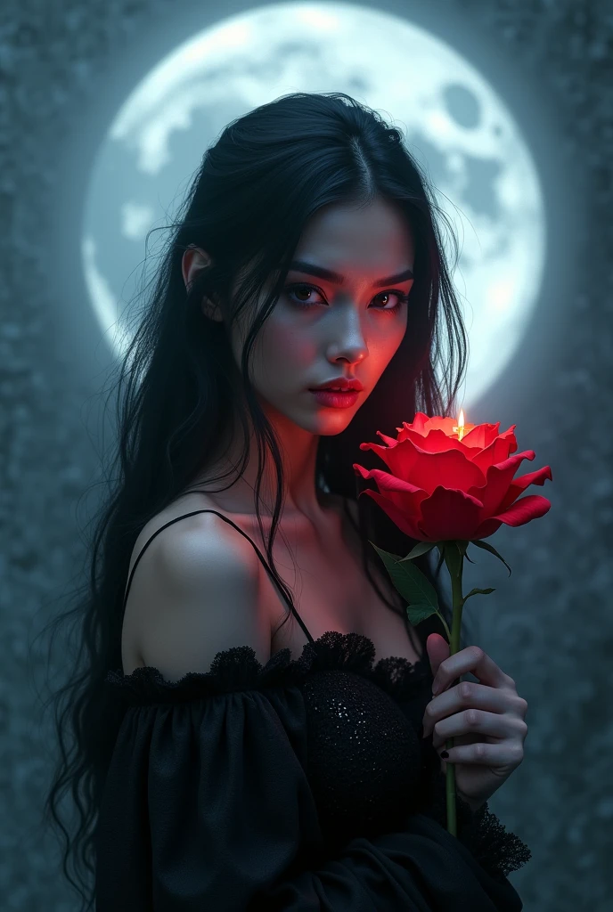 Picture a mysterious, beautiful girl standing beneath a luminous full moon. She holds a dark red rose with petals that seem to shift from vibrant crimson to deep black at the edges. The moonlight casts a soft, magical glow on her, highlighting her enigmatic expression and adding a touch of elegance to the scene. Her attire, a blend of dark and shimmering fabrics, complements the rose and the moon’s ethereal light. The background is a blend of twilight blues and gentle silver, creating an air of intrigue and allure.