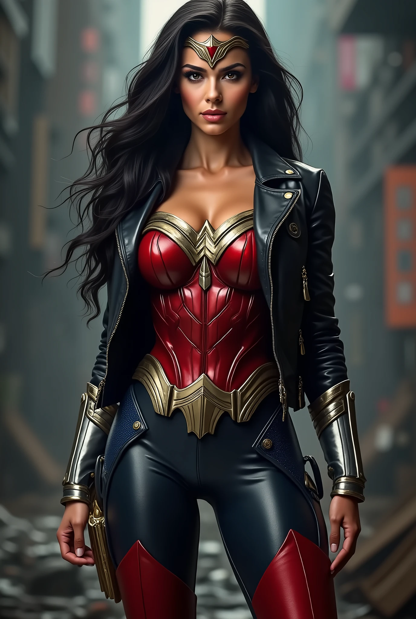 a beautiful woman, Lynda Carter, Wonder Woman, with long black hair, black leather jacket, red corset and black leather pants, red thigh-high boots, diadema da Wonder Woman na testa.