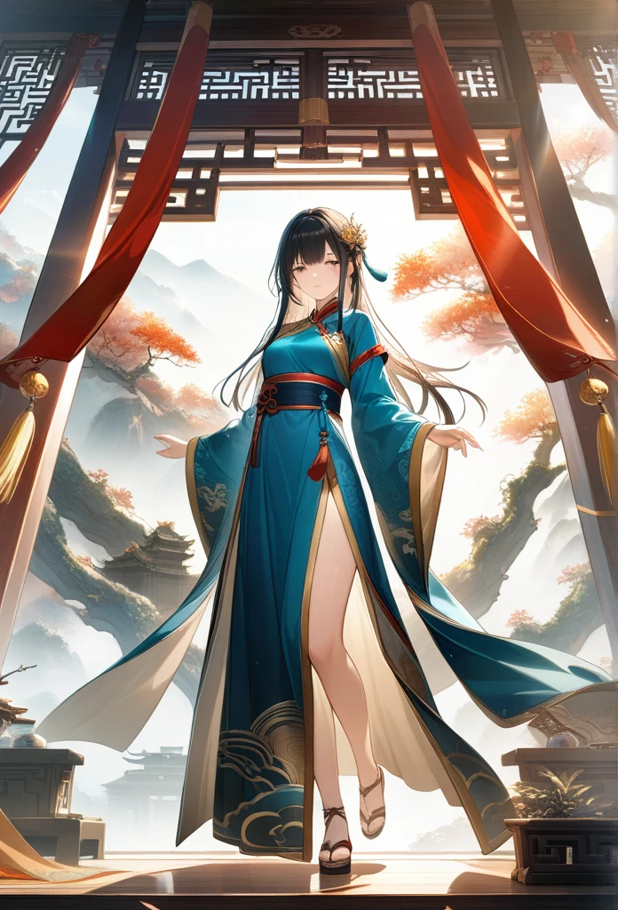 A girl, Ancient Chinese Clothing, whole body, Sunlight, Clear face, Clean white background, masterpiece, Super Detail, Epic creation, Ultra HD, high quality, Extremely detailed, Official Art, 8k wallpaper, Super Detail, 32K