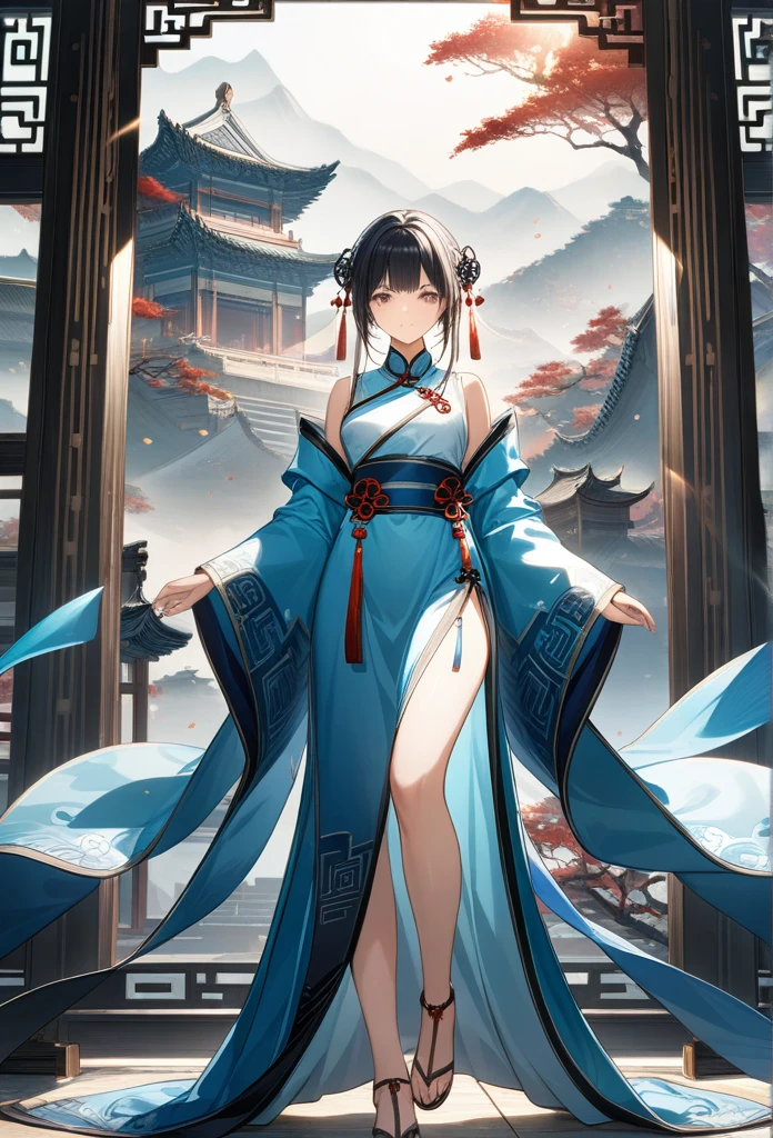 A girl, Ancient Chinese Clothing, whole body, Sunlight, Clear face, Clean white background, masterpiece, Super Detail, Epic creation, Ultra HD, high quality, Extremely detailed, Official Art, 8k wallpaper, Super Detail, 32K