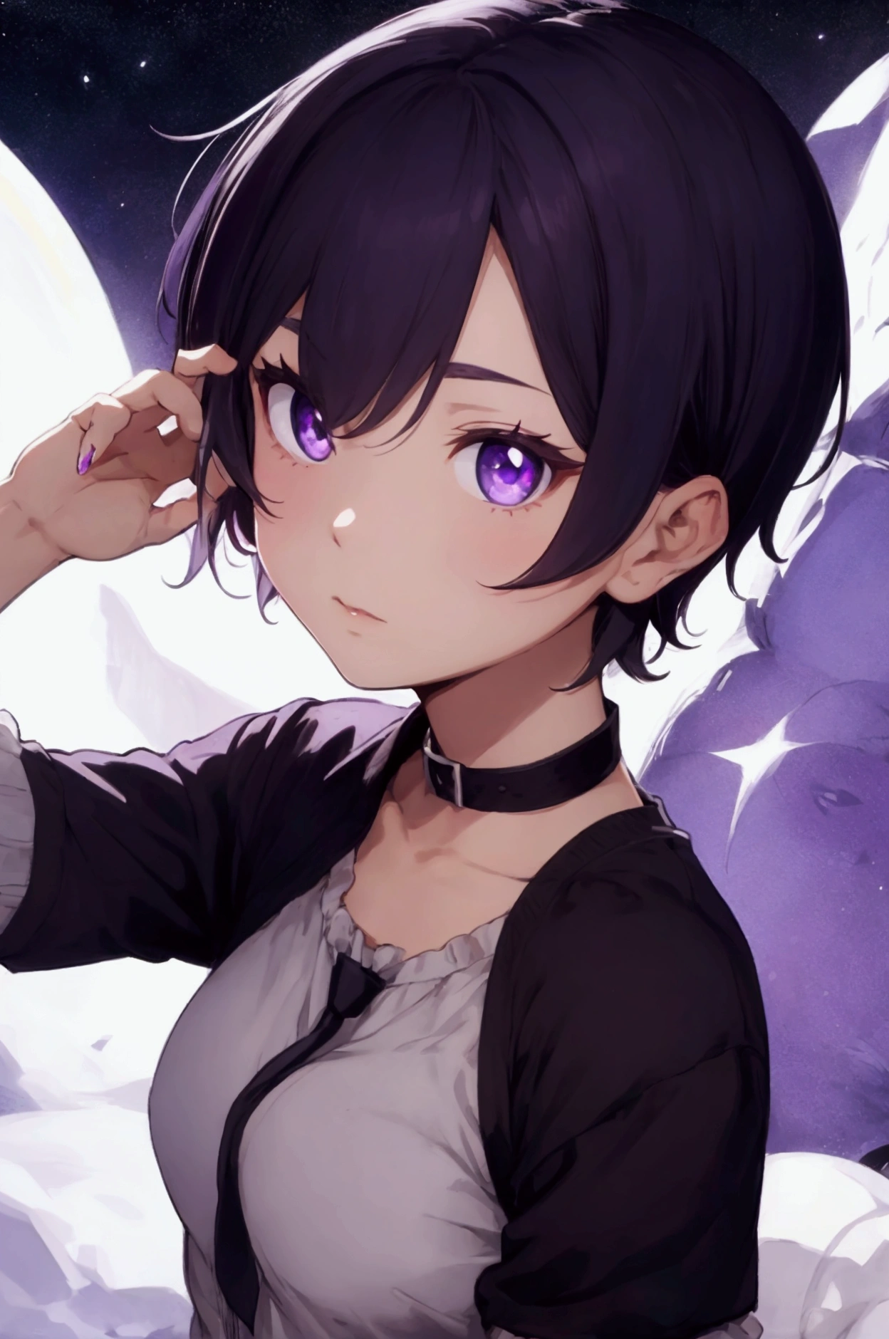 Short haired boy with purple eyes 