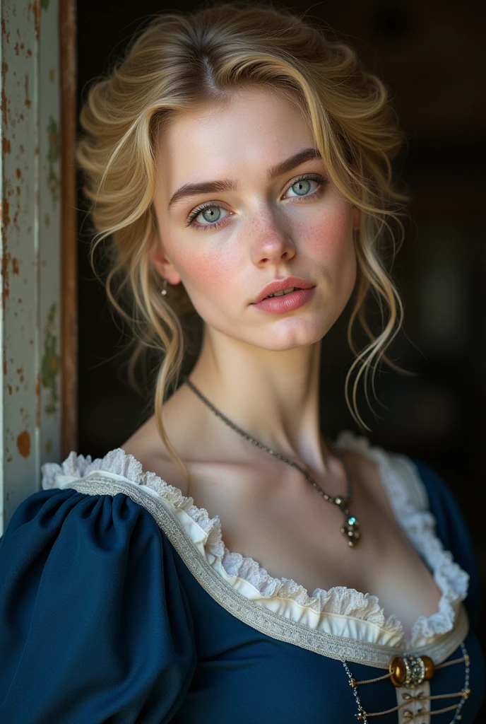 Beautiful twenty year old girl, with blonde hair , White skin, almond-shaped blue-green eyes. with medium breasts, thin and curvy. She is wearing a dark blue Victorian era dress that highlights her beauty.. Her lips are plump. She has her hair up in an elegant hairstyle..