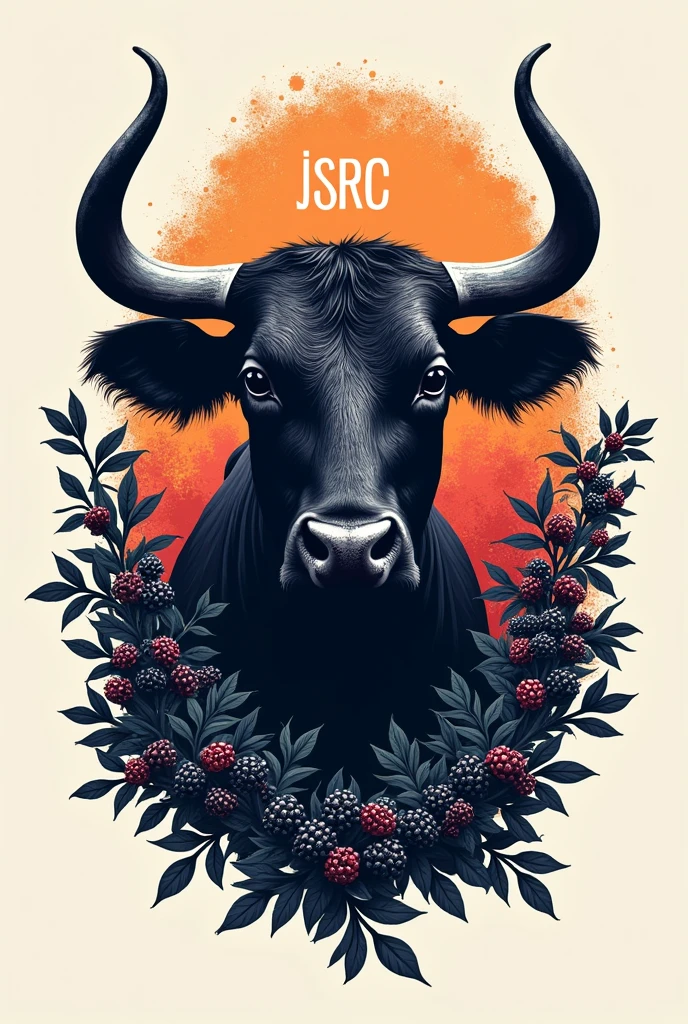 a color stamp for marking cattle with the silhouette of the head of a Brahman bull, focusing on its horns, surrounded by a bush of blackberries and the word JSRC in capital letters